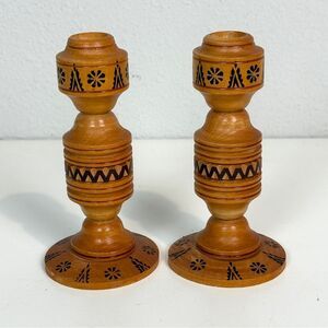 Vintage Ukranian Wood Folk Art Hand-Turned Candle Stick Holders 2